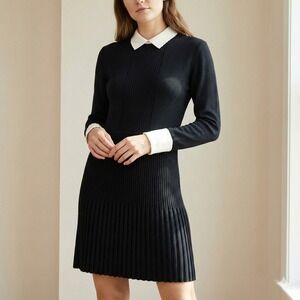 Tory Burch Sabina Dress Womens Medium Black Wool Blend White Collared Preppy